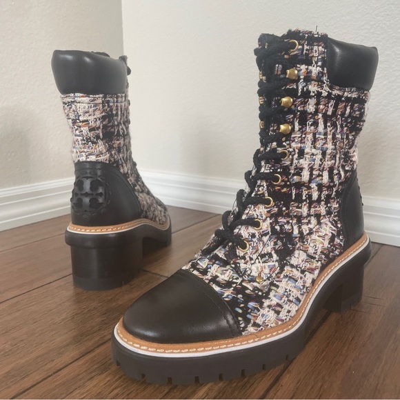 Tory Burch tweed combat boots fall boots winter boots lace up boots black bootie - Picture 14 of 16